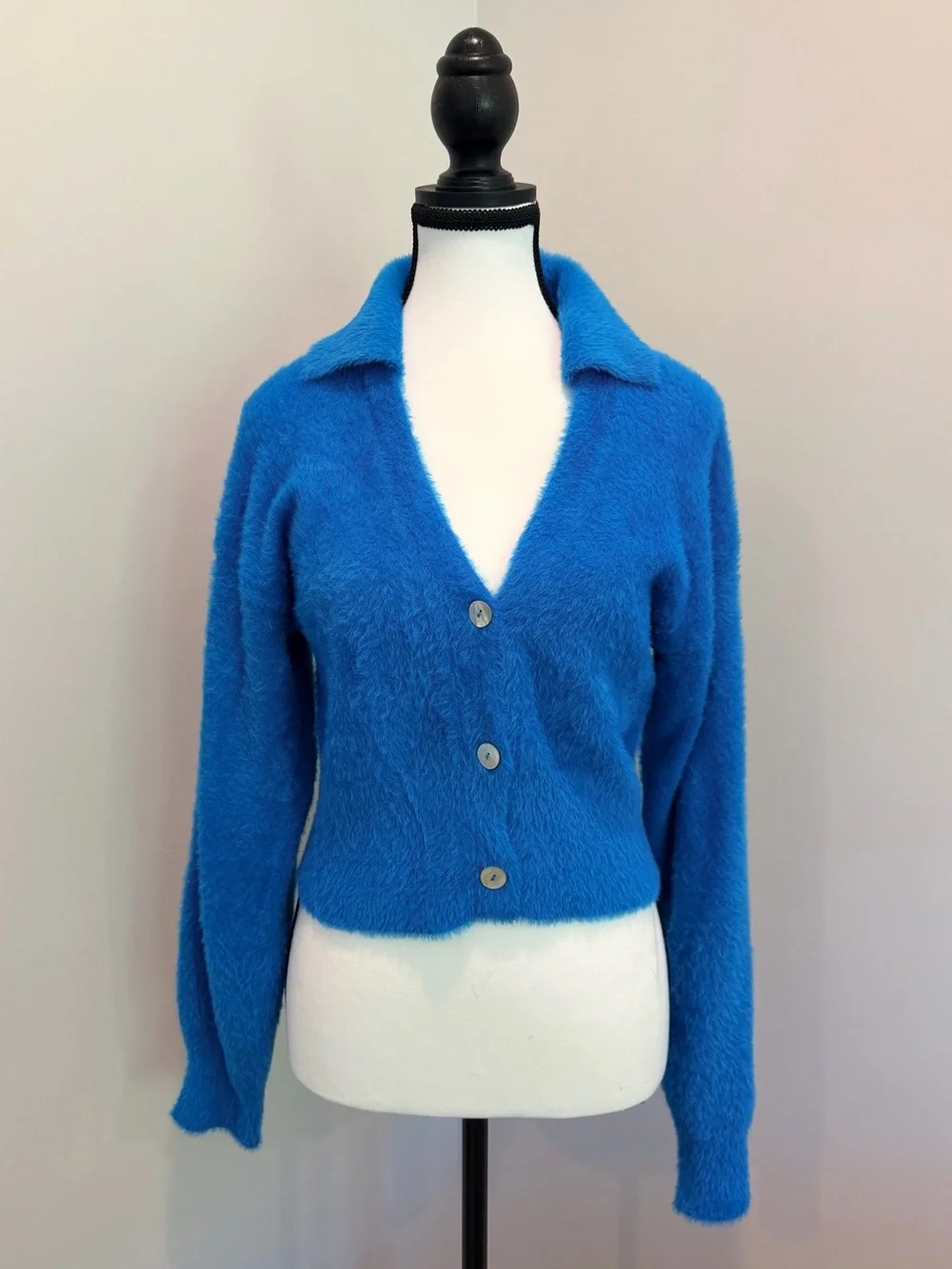 Pink Rose Fuzzy Knit Cropped Button Cardigan Sweater Blue Medium